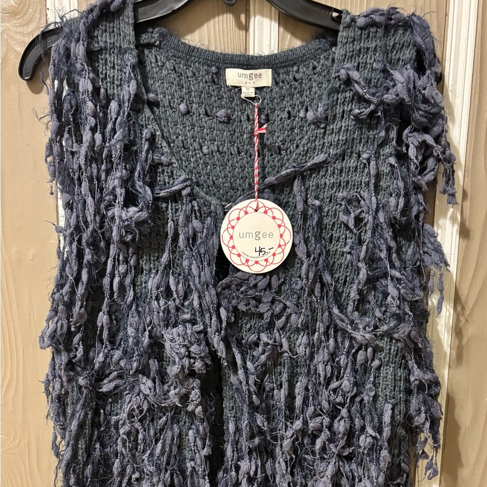 Umgee Charcoal Gray Textured Fringe Knit Vest